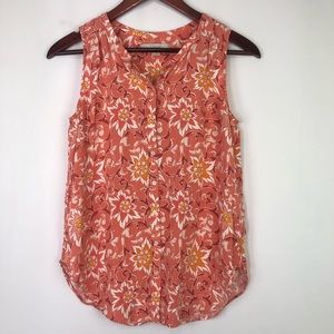 Loft Floral Button Up Polo Sleeveless Orange Summer V-Neck Small Lightweight